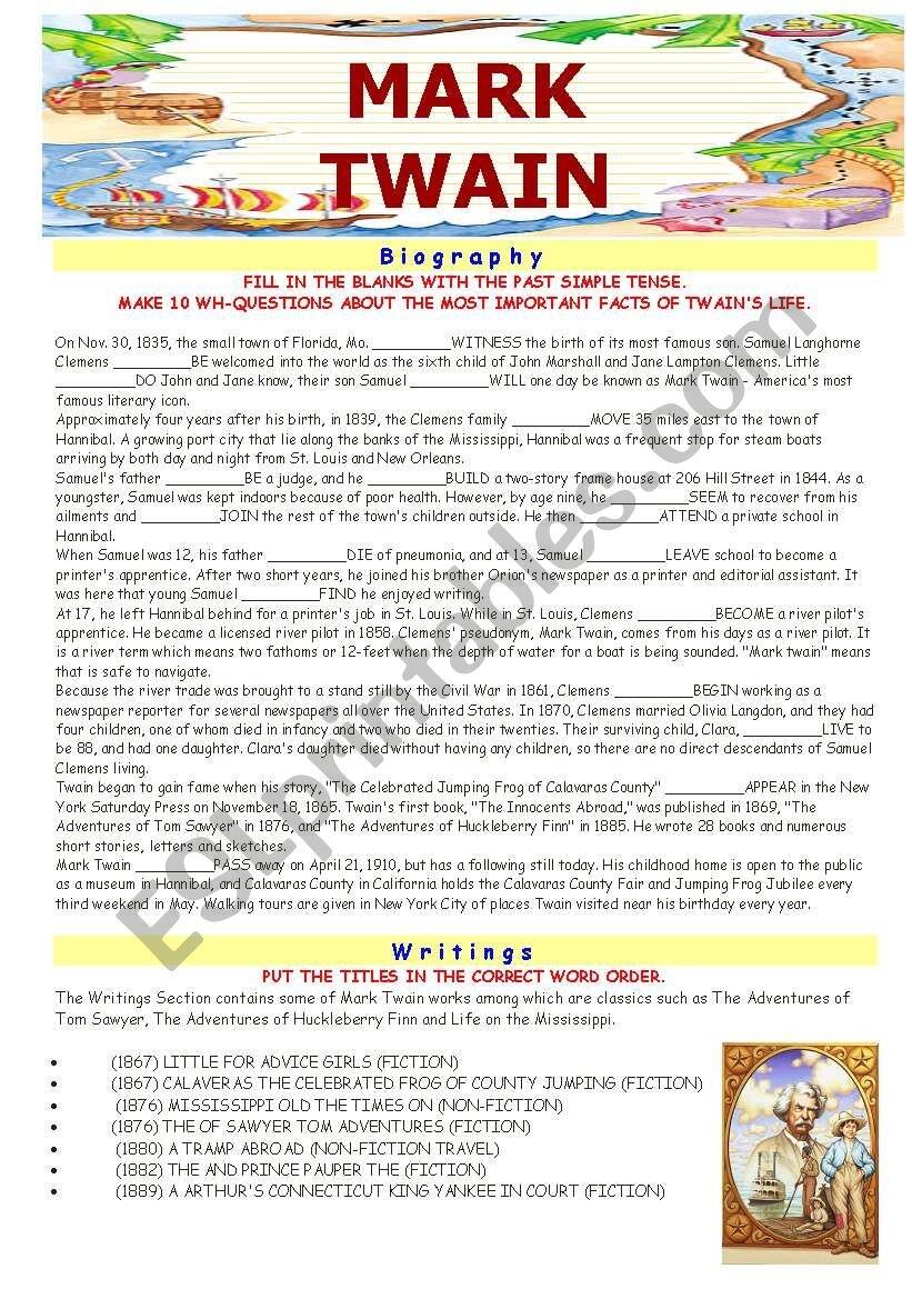 MARK TWAIN The Reading Writing Adventure ESL Worksheet By Anitarobi