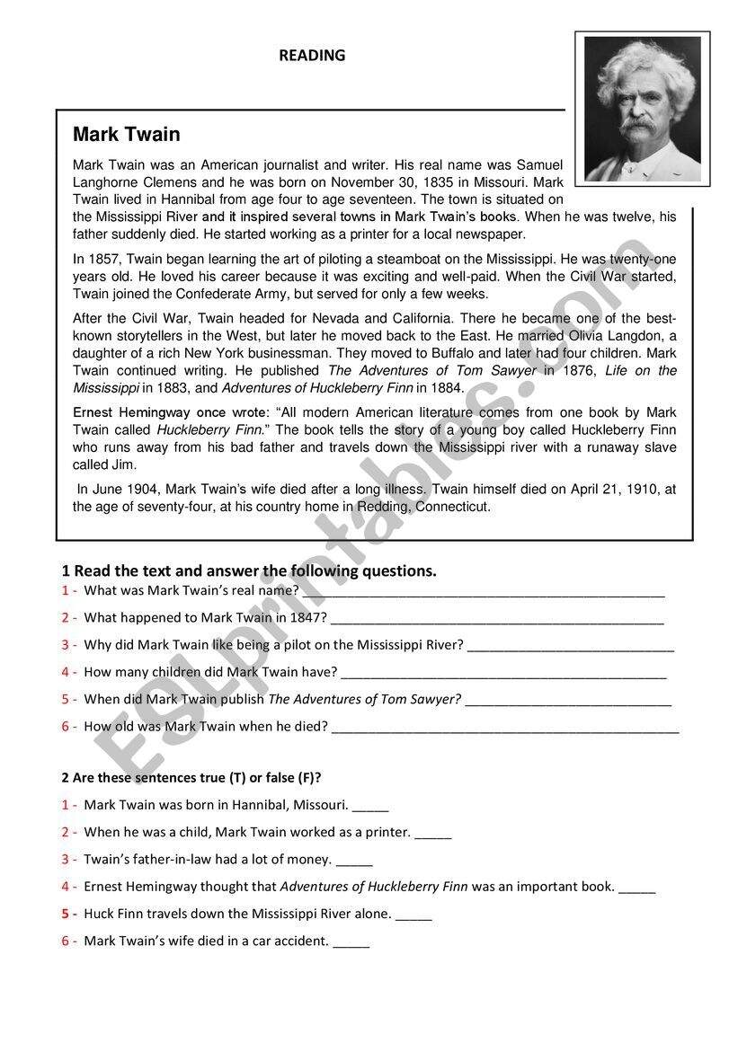 Mark Twain Written Comprehension ESL Worksheet By Kti59