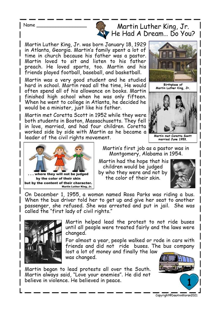 Martin Luther King Jr Reading Comprehension Passage Made By Teachers