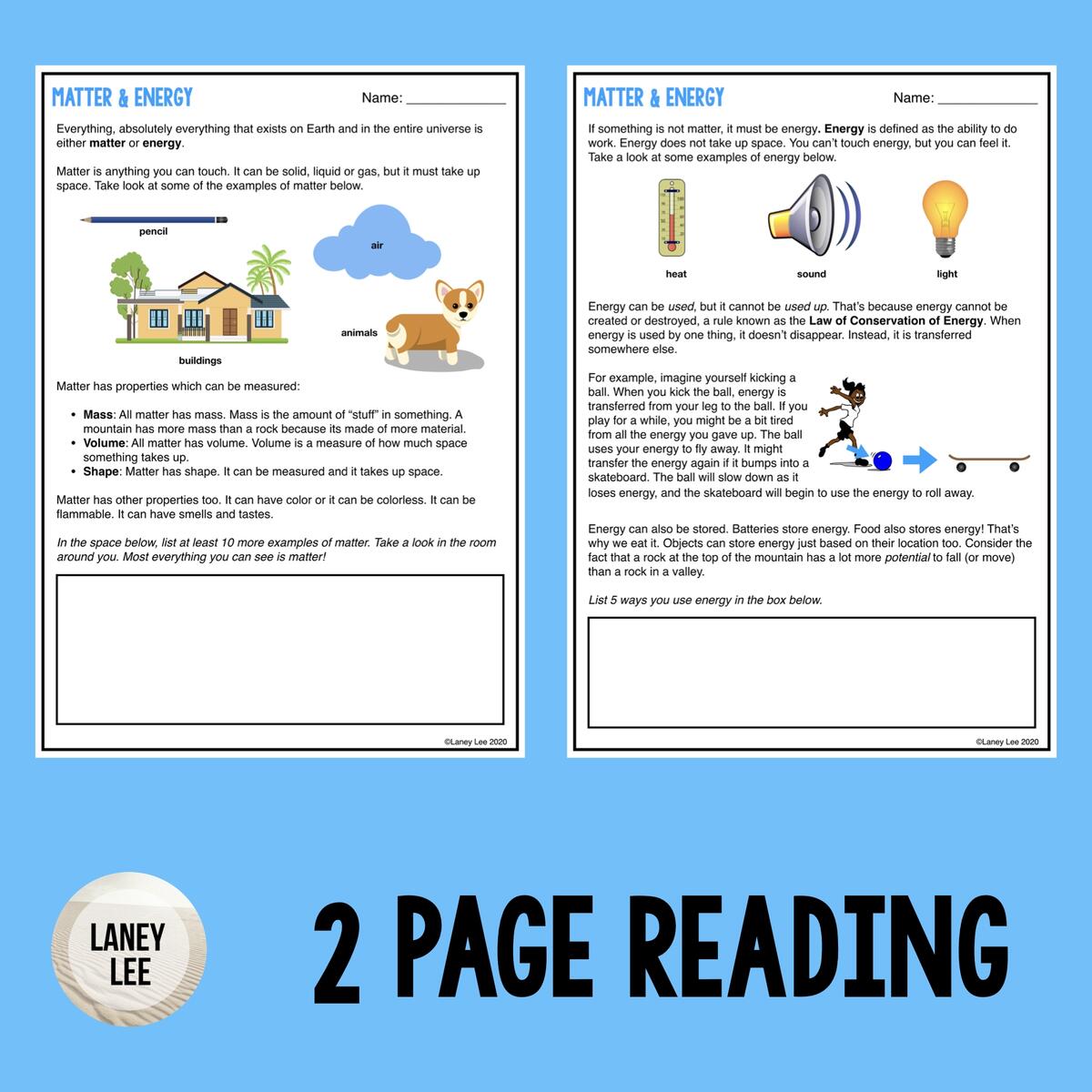Matter Energy Reading Comprehension Worksheets Laney Lee Matter Energy Reading Comprehension Worksheets Laney Lee