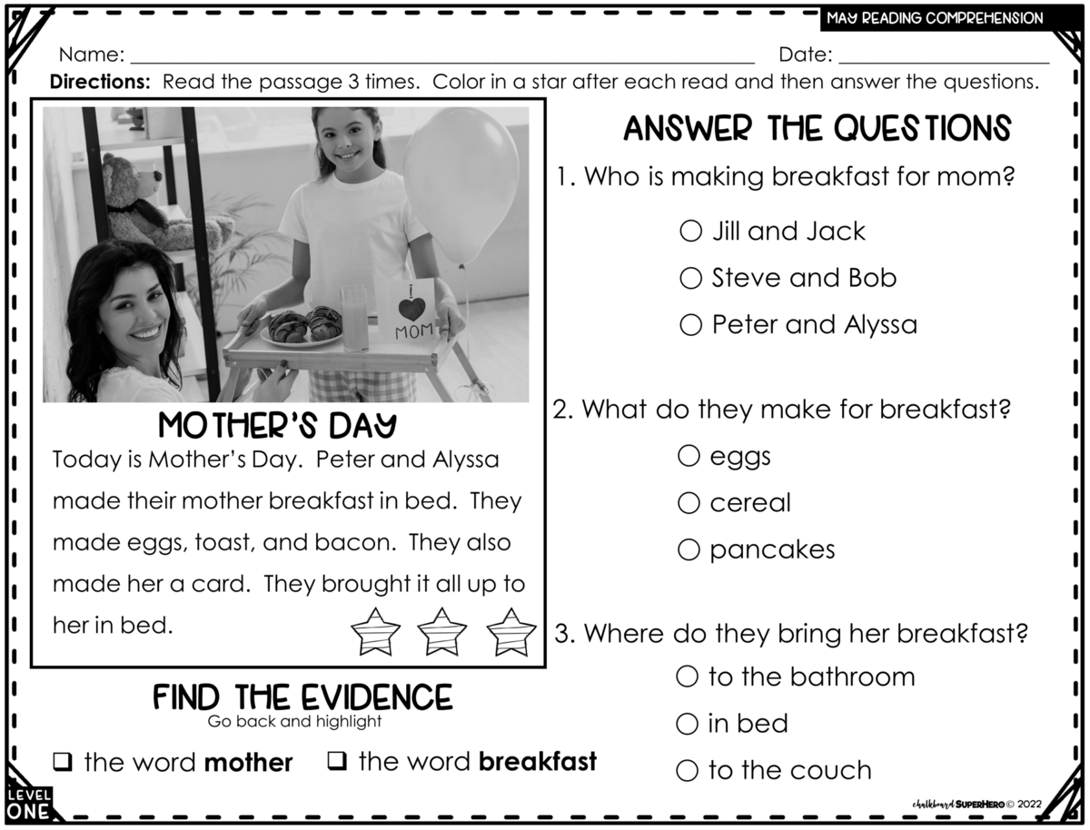 May Reading Comprehension Answering WH Questions 3 LEVELS REAL IMAGES Chalkboard Superhero