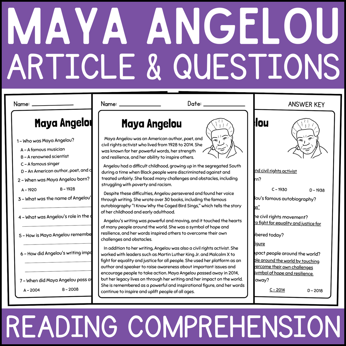 Maya Angelou Article And Reading Comprehension Questions Women S History Month Made By Teachers