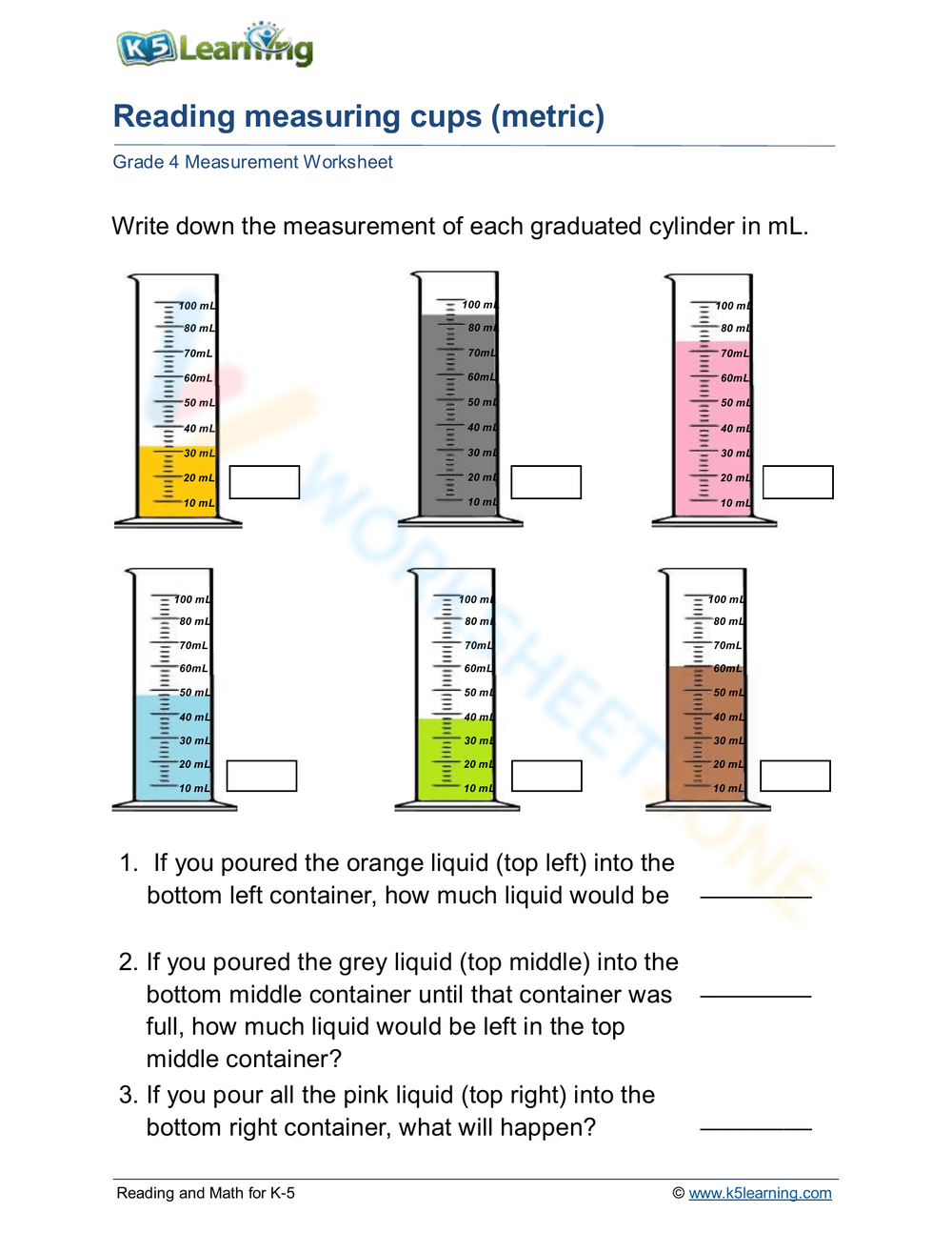 Measuring Liquid Volume Worksheets Printable