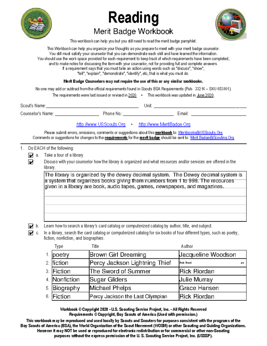 Merit Badge Workbook Reading Requirements Guide Studocu