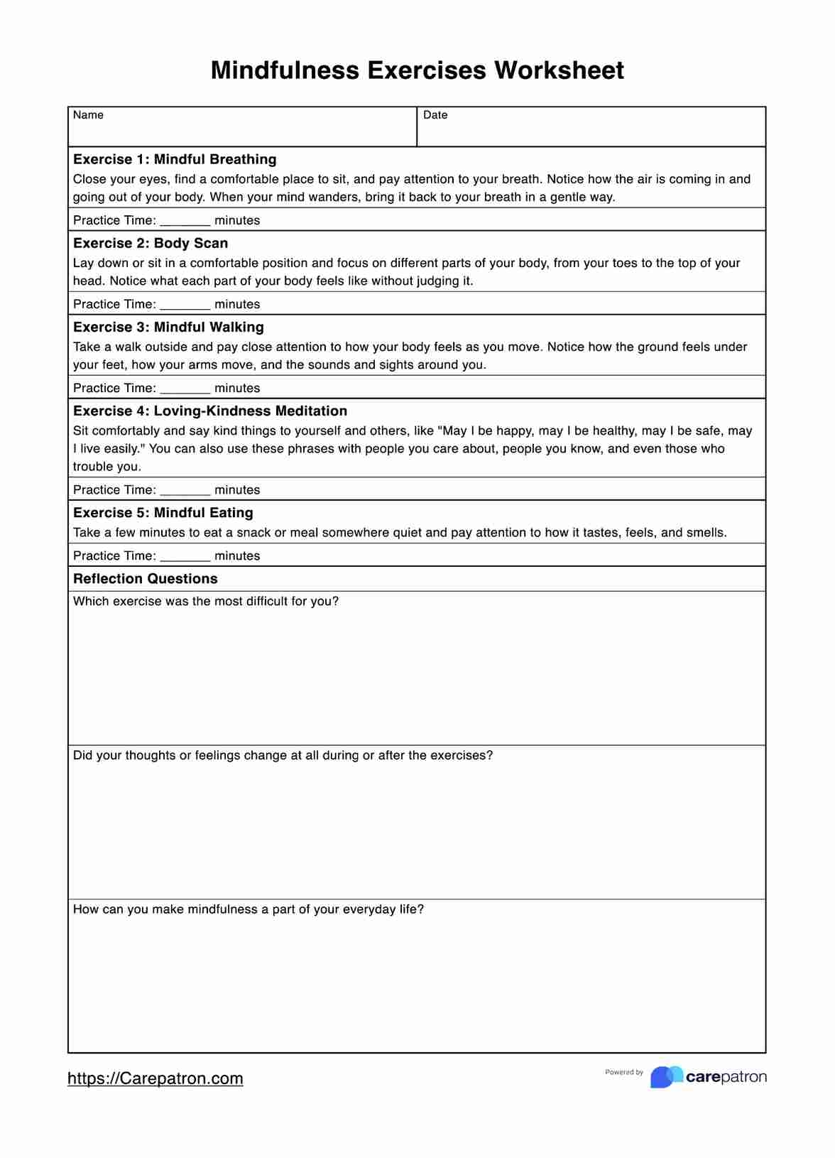 Mindfulness Exercises Worksheets