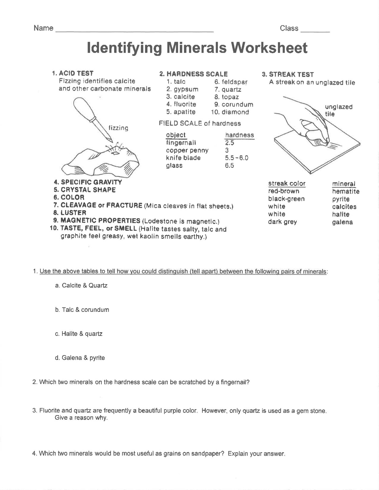 Identifying Minerals READING WORKSHEET For Science Class Studocu