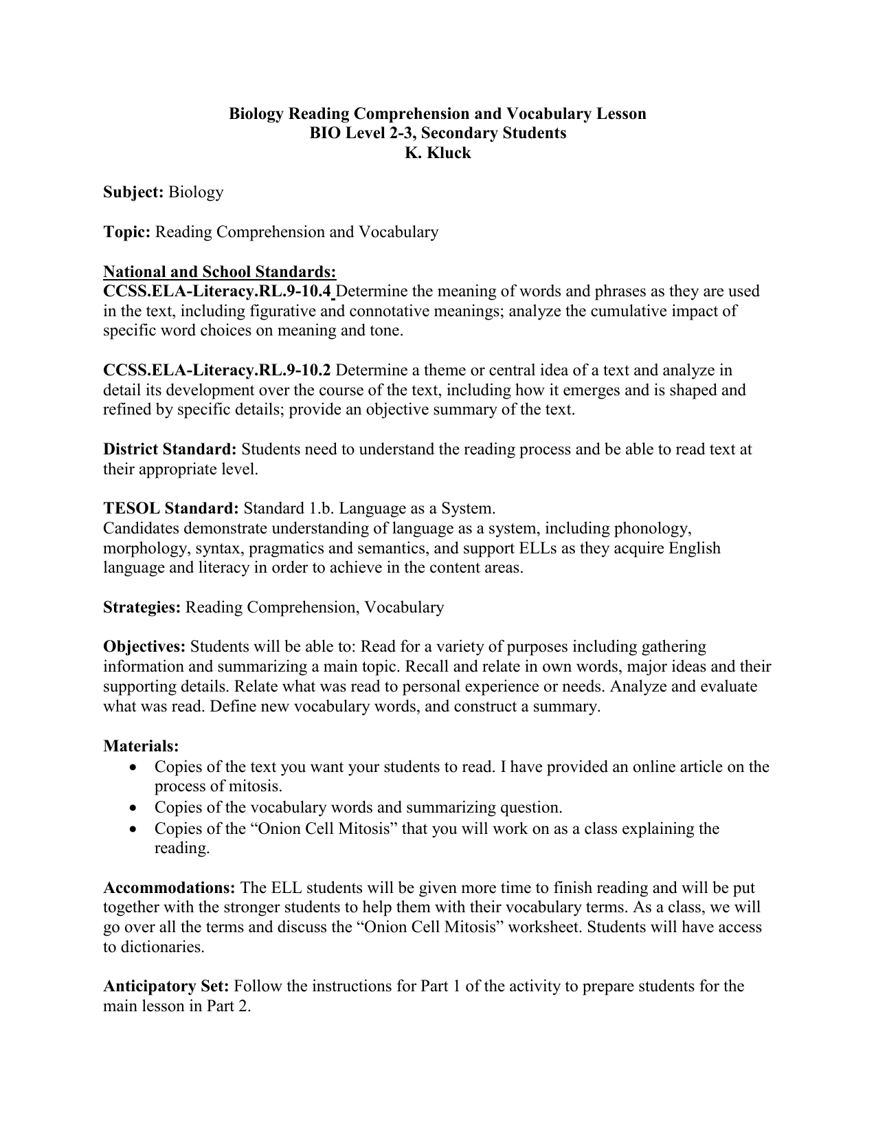 Mitosis Lesson Plan Reading Comprehension Vocabulary