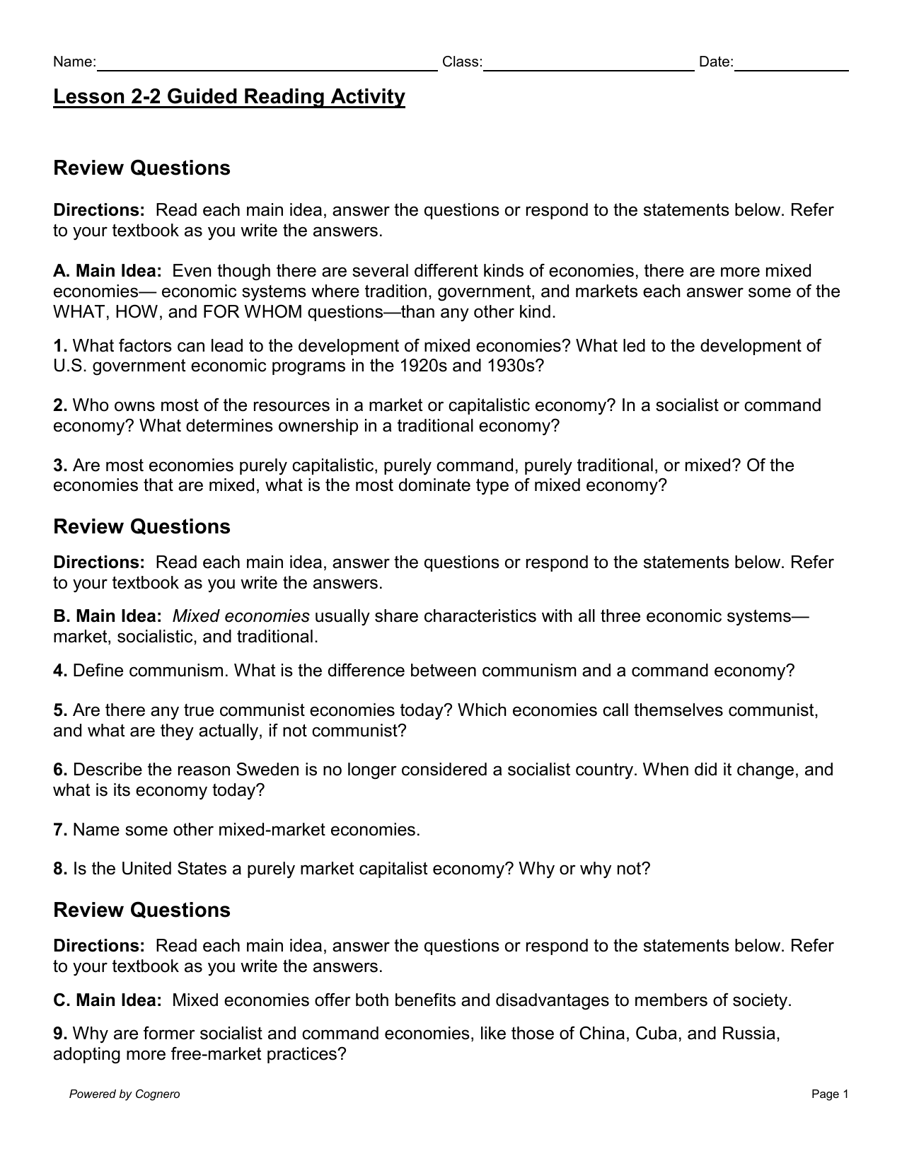 Mixed Economies Guided Reading Activity Mixed Economies Guided Reading Activity