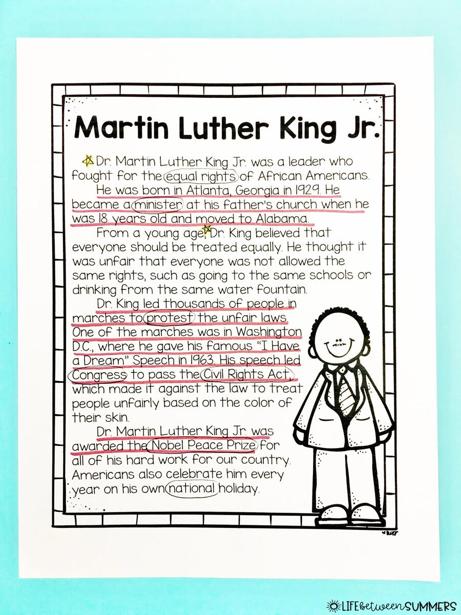 MLK Close Reading Comprehension Writing Life Between Summers