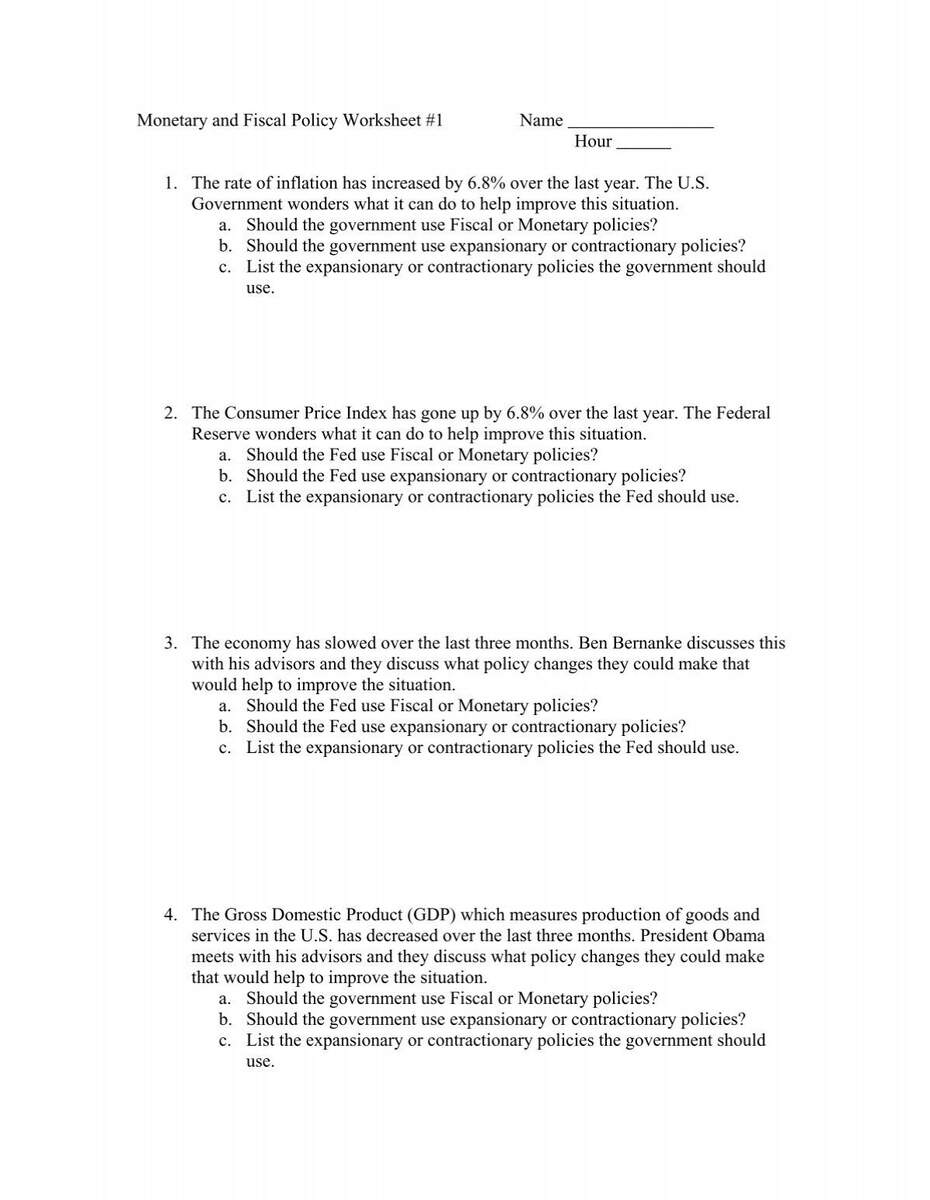 Monetary And Fiscal Policy Review Worksheet Moon Valley High