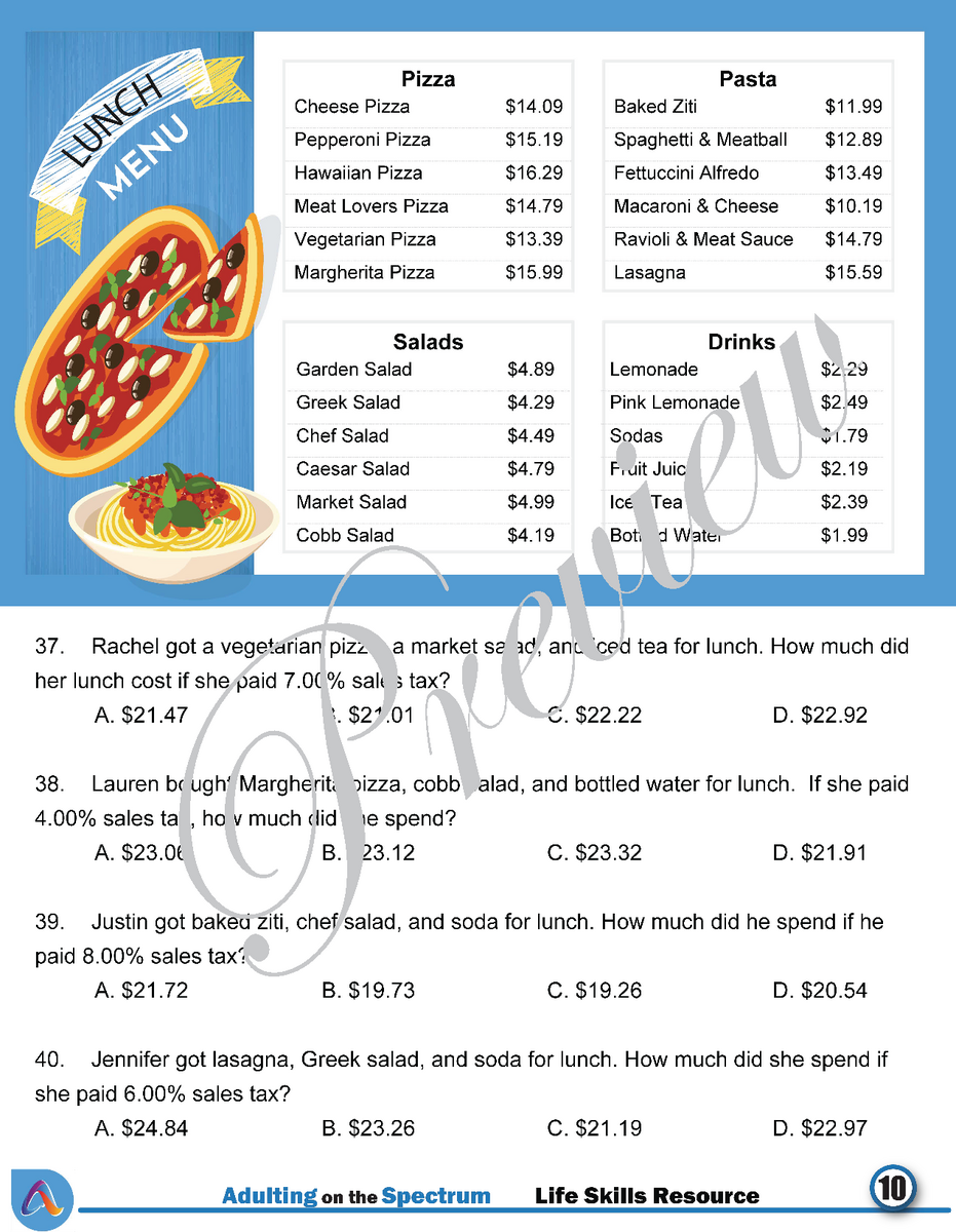 Money Math Life Skills Worksheet Level 2 Reading Menus Made By Teachers Money Math Life Skills Worksheet Level 2 Reading Menus Made By Teachers