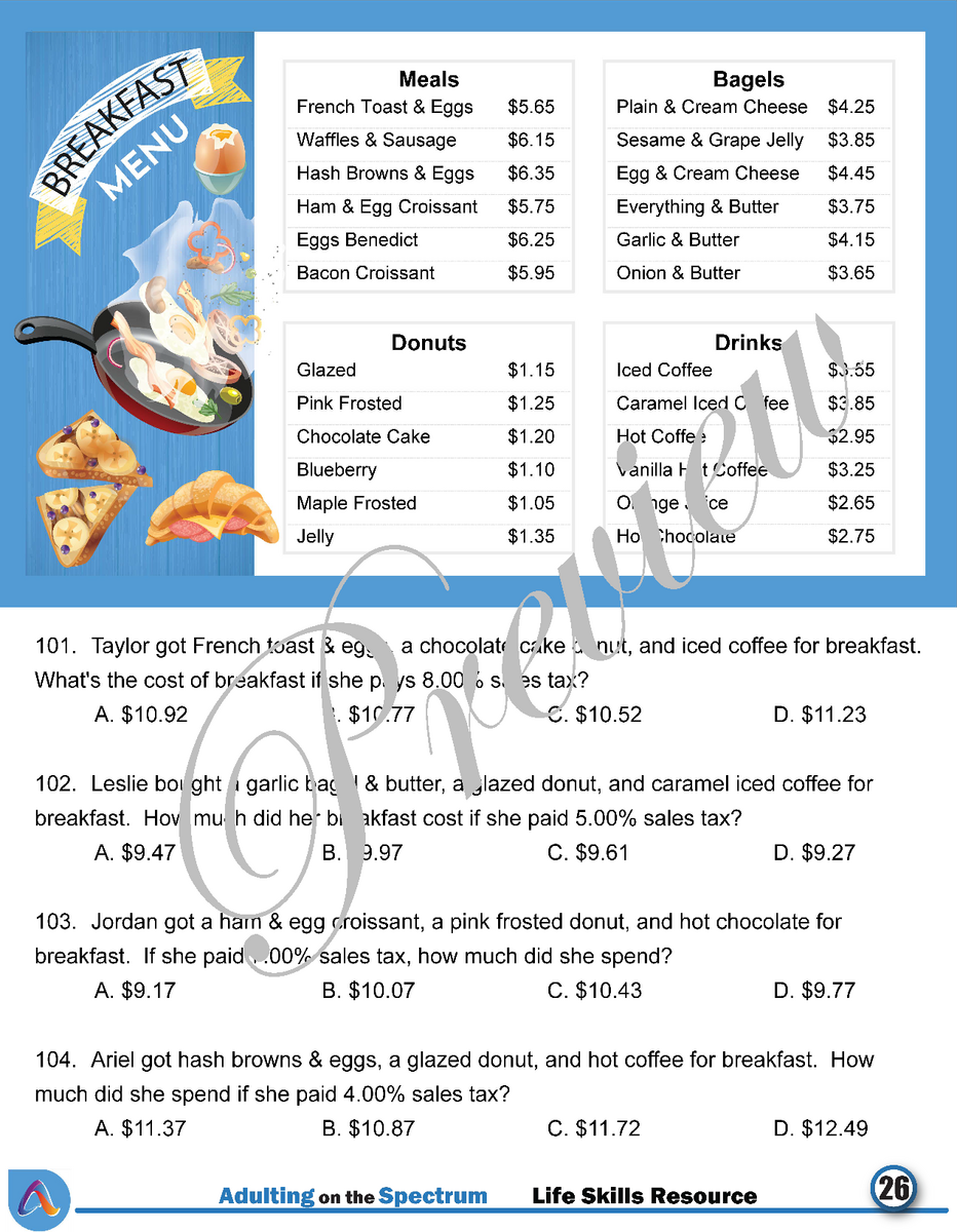 Money Math Life Skills Worksheets Reading Restaurant Menus Level 2 Classful