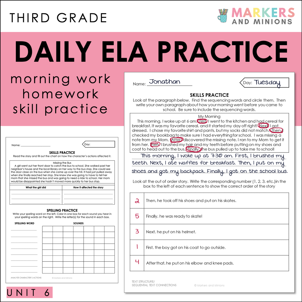 Morning Work Homework Benchmark Advance Third Grade Unit 6 Markers Minions