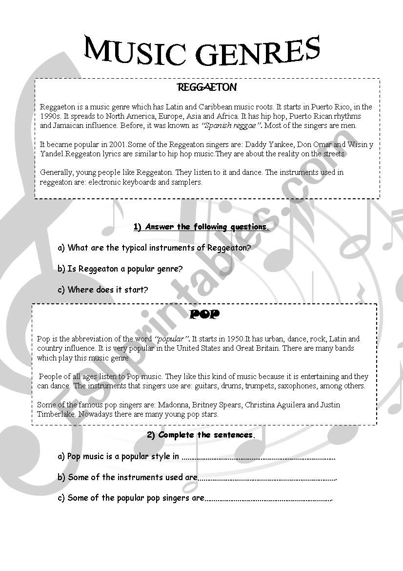 Music Genres ESL Worksheet By Anto11