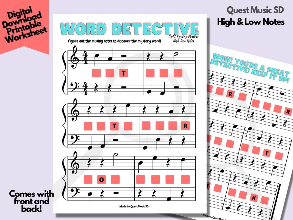 Music Sight Reading Practice PRINTABLE WORKSHEET Word Detective High Low Notes Beginner Piano Music Activity Worksheet Download Etsy