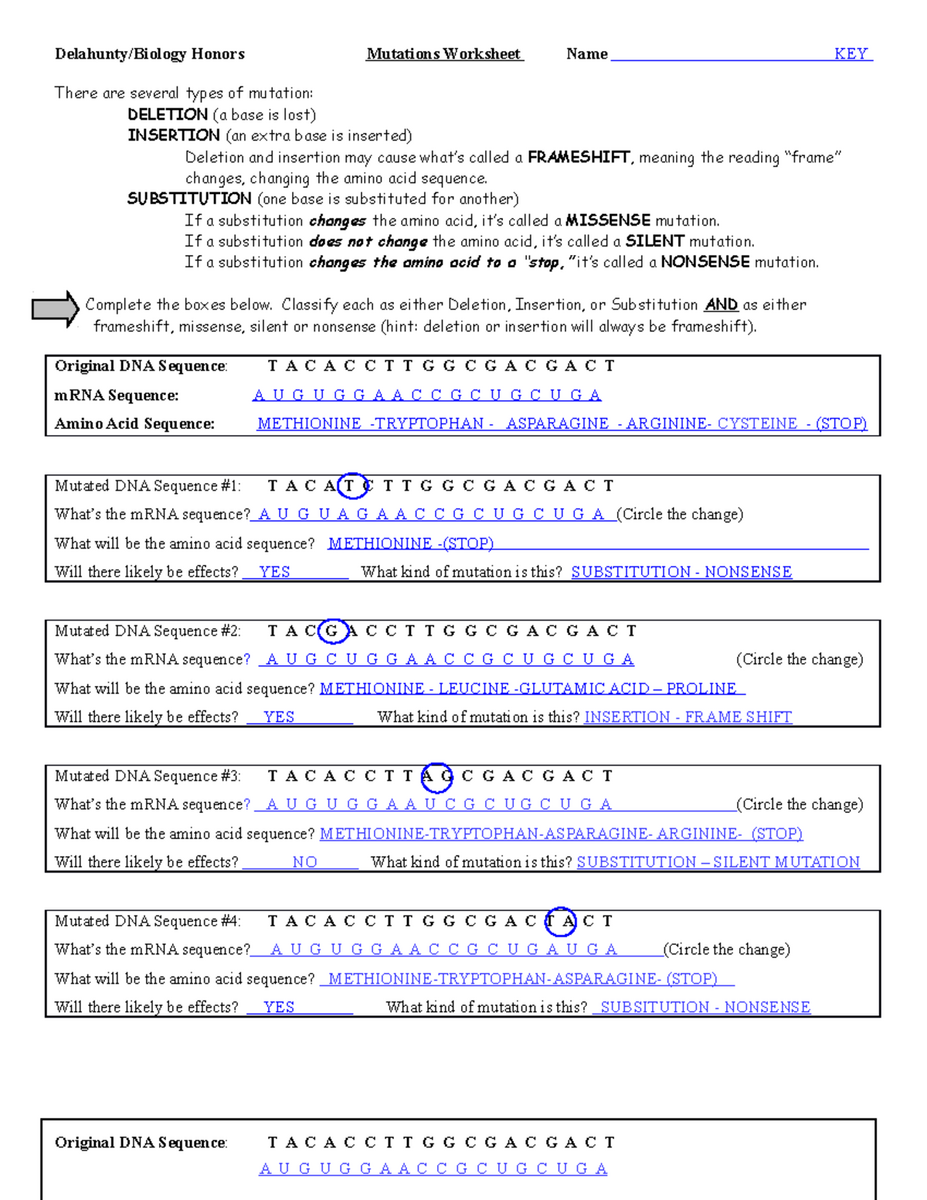 Mutations Biology Honors WS Key By Sonal Tonger Studocu Mutations Worksheet Answer Key Pdf Fcserver Nvnet