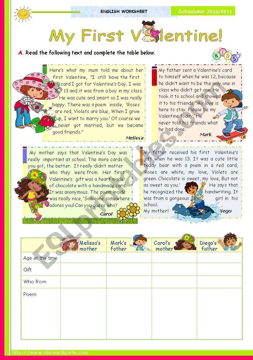 My First Valentine Reading Comprehension ESL Worksheet By Mena22 My First Valentine Reading Comprehension ESL Worksheet By Mena22