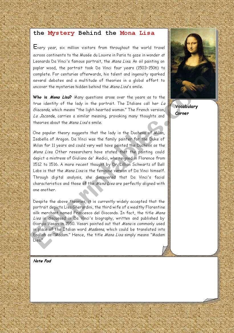 Mystery Behind Mona Lisa Smile ESL Worksheet By Vino76