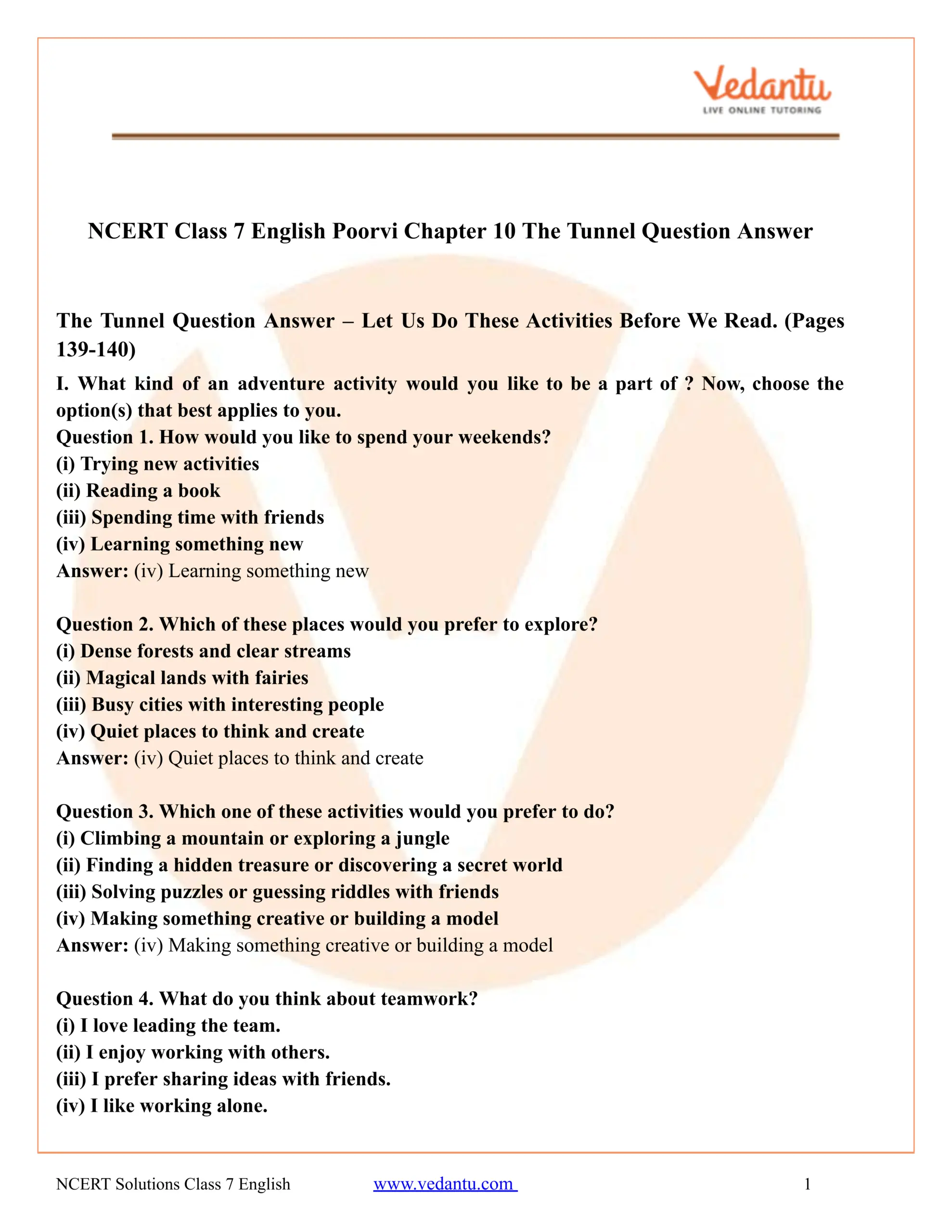 NCERT Solutions Class 7 English Chapter 10 The Tunnel PDF Answers