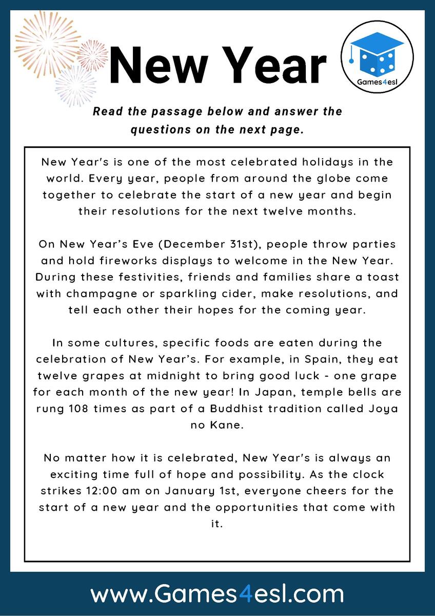 New Year S Celebrations Reading Comprehension Passage Made By Teachers