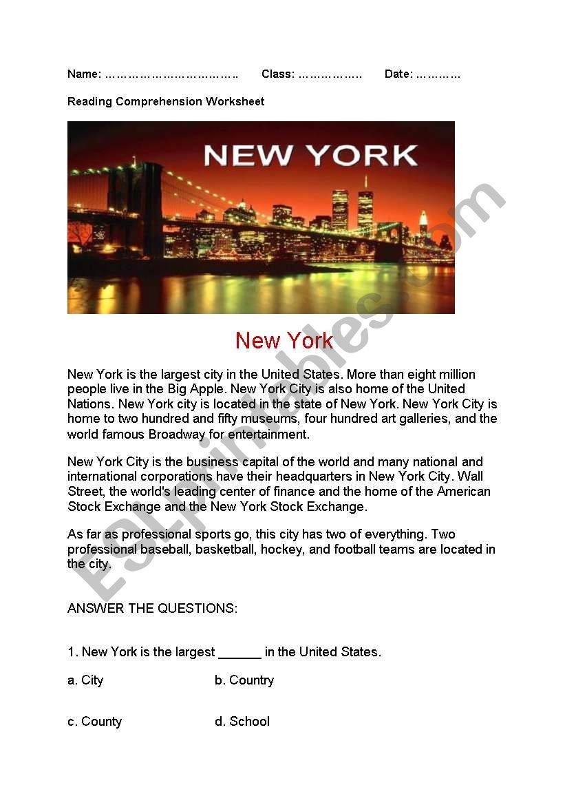 NEW YORK READING PASSAGE WITH EXERCISES ESL Worksheet By Balikeser NEW YORK READING PASSAGE WITH EXERCISES ESL Worksheet By Balikeser
