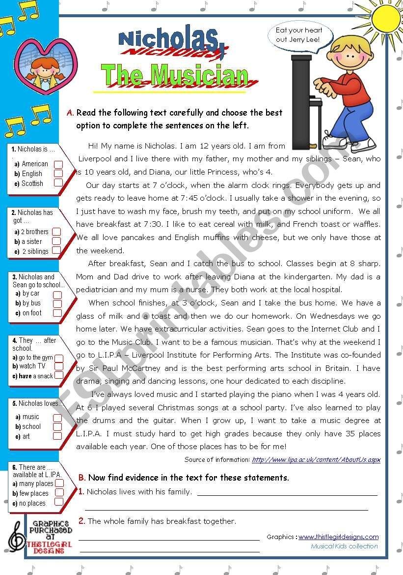 Nicholas The Musician A Typical Day 1 Reading Comprehension Ws On Dailing Routine For Elementary And Lower Intermediate Stds A2 ESL Worksheet By Mena22 Nicholas The Musician A Typical Day 1 Reading Comprehension Ws On Dailing Routine For Elementary And Lower Intermediate Stds A2 ESL Worksheet By Mena22