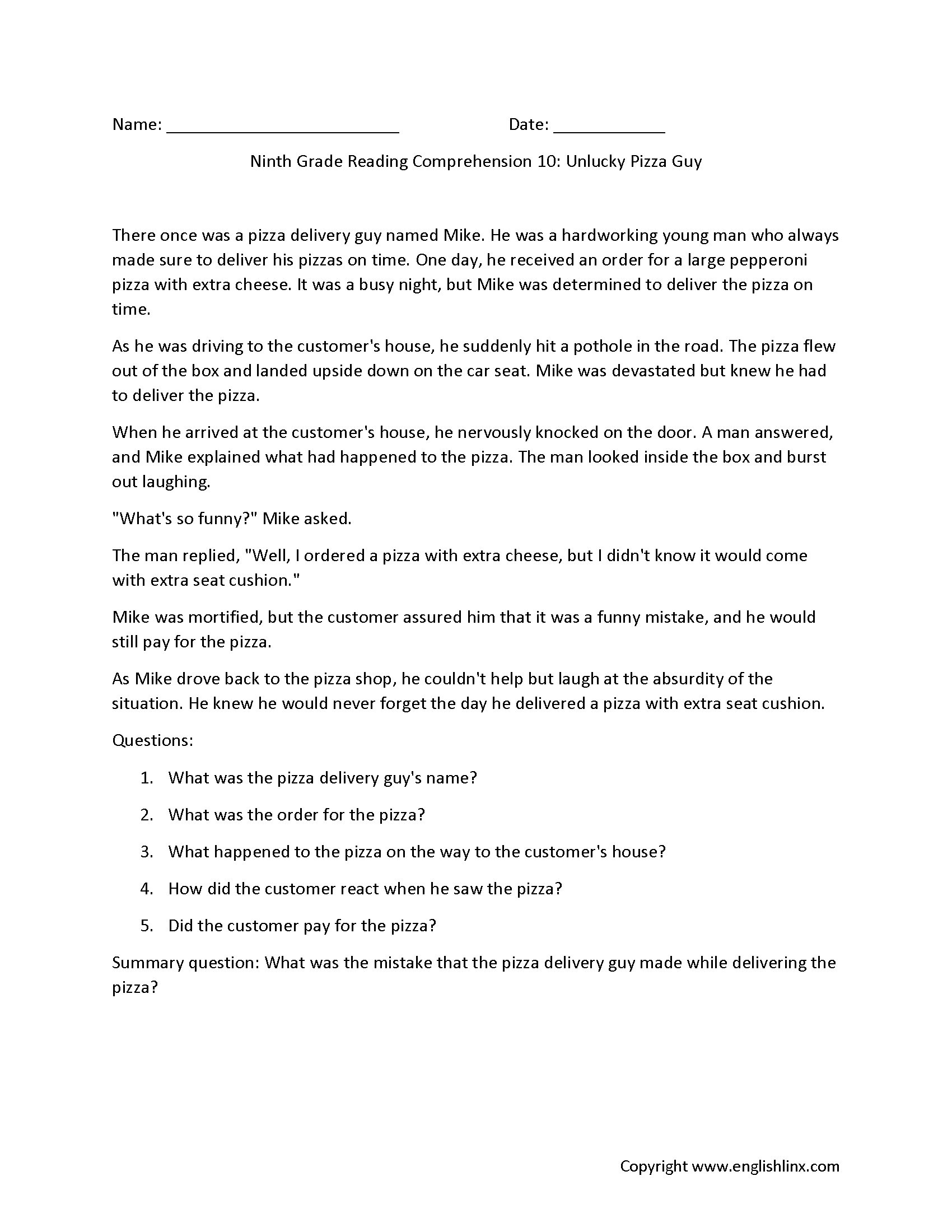 Ninth Grade Reading Comprehension Worksheets Passages Question Sets