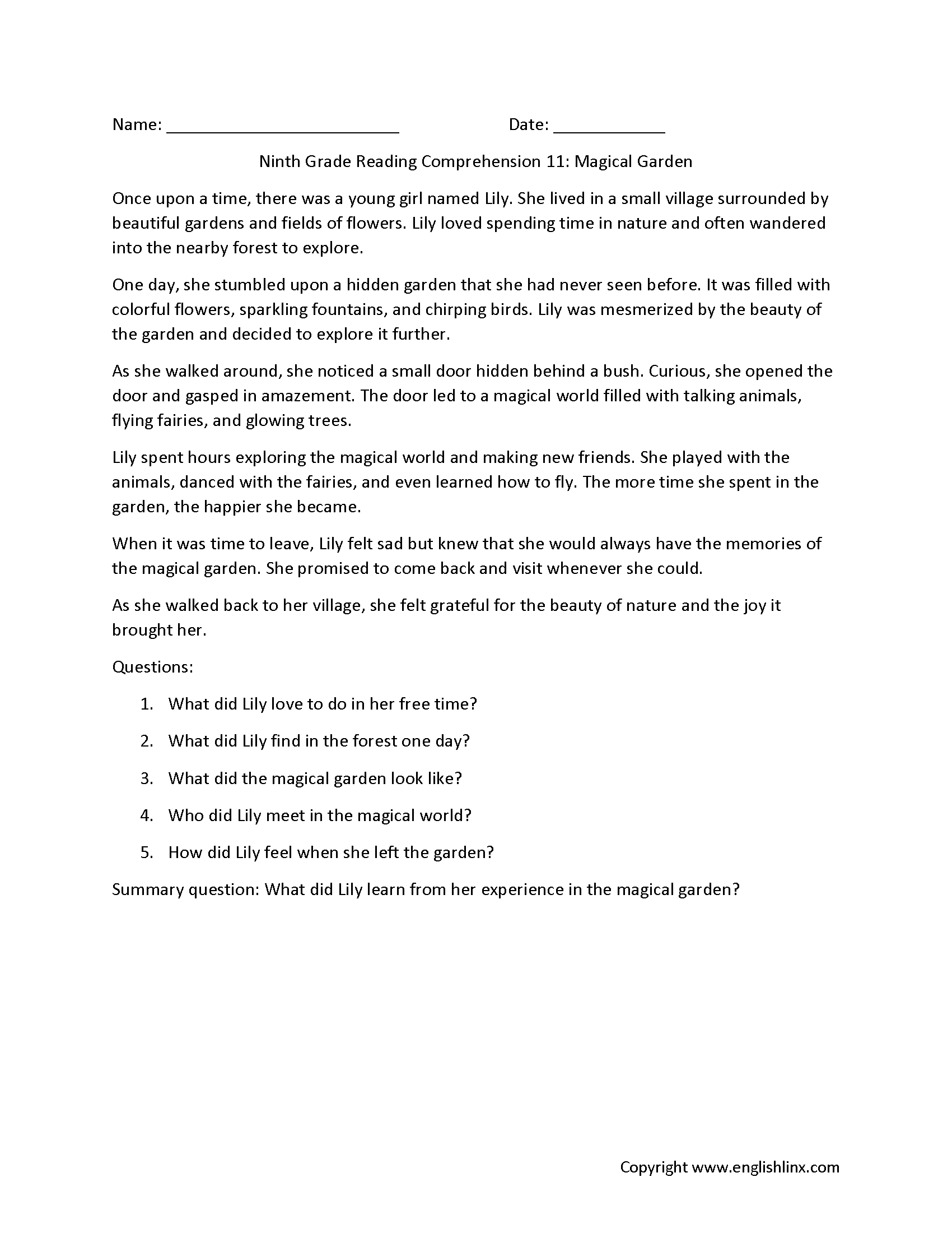 Ninth Grade Reading Comprehension Worksheets Passages Question Sets