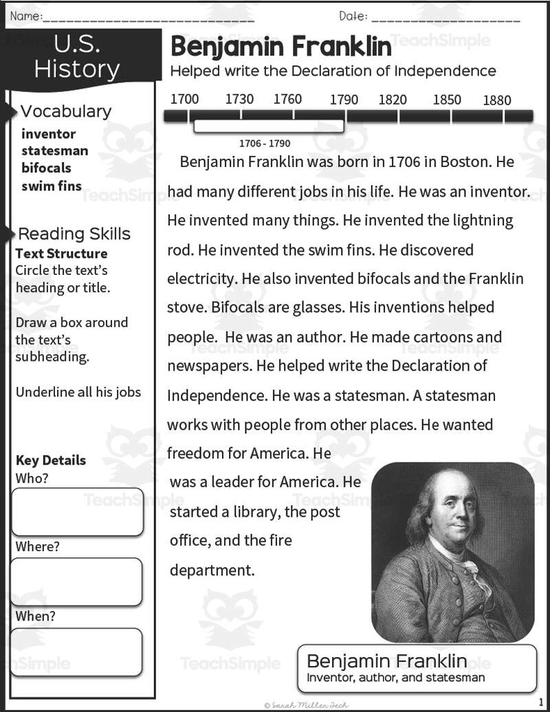 Nonfiction Reading Packet Benjamin Franklin By Teach Simple