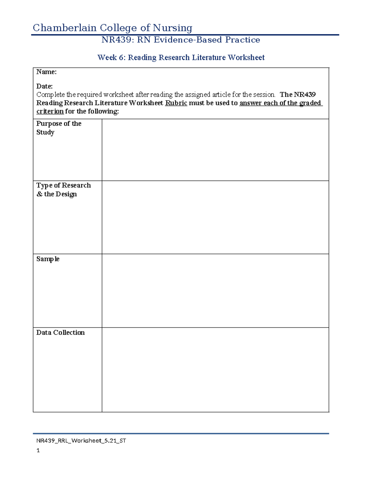 NR439 Week 6 Reading Research Literature Worksheet 52021 ST Studocu