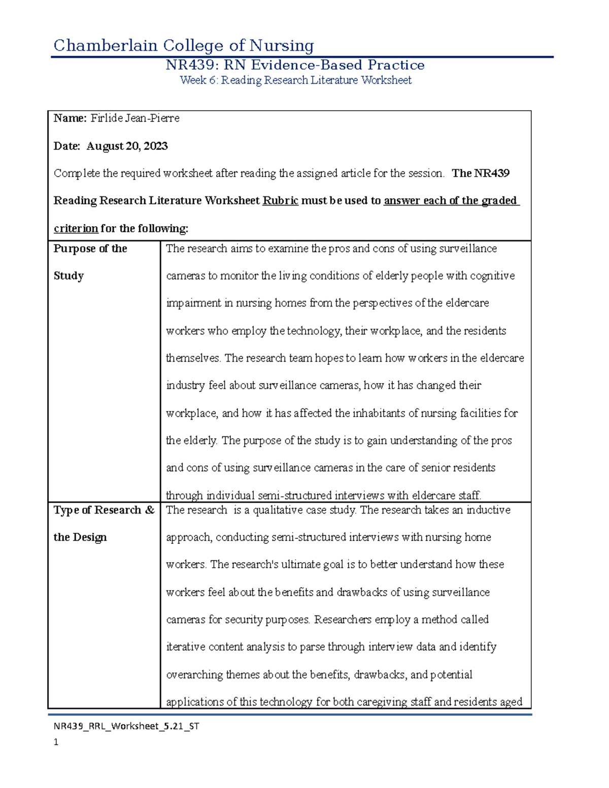 NR439 Week 6 Reading Research Literature Worksheet Analysis Studocu