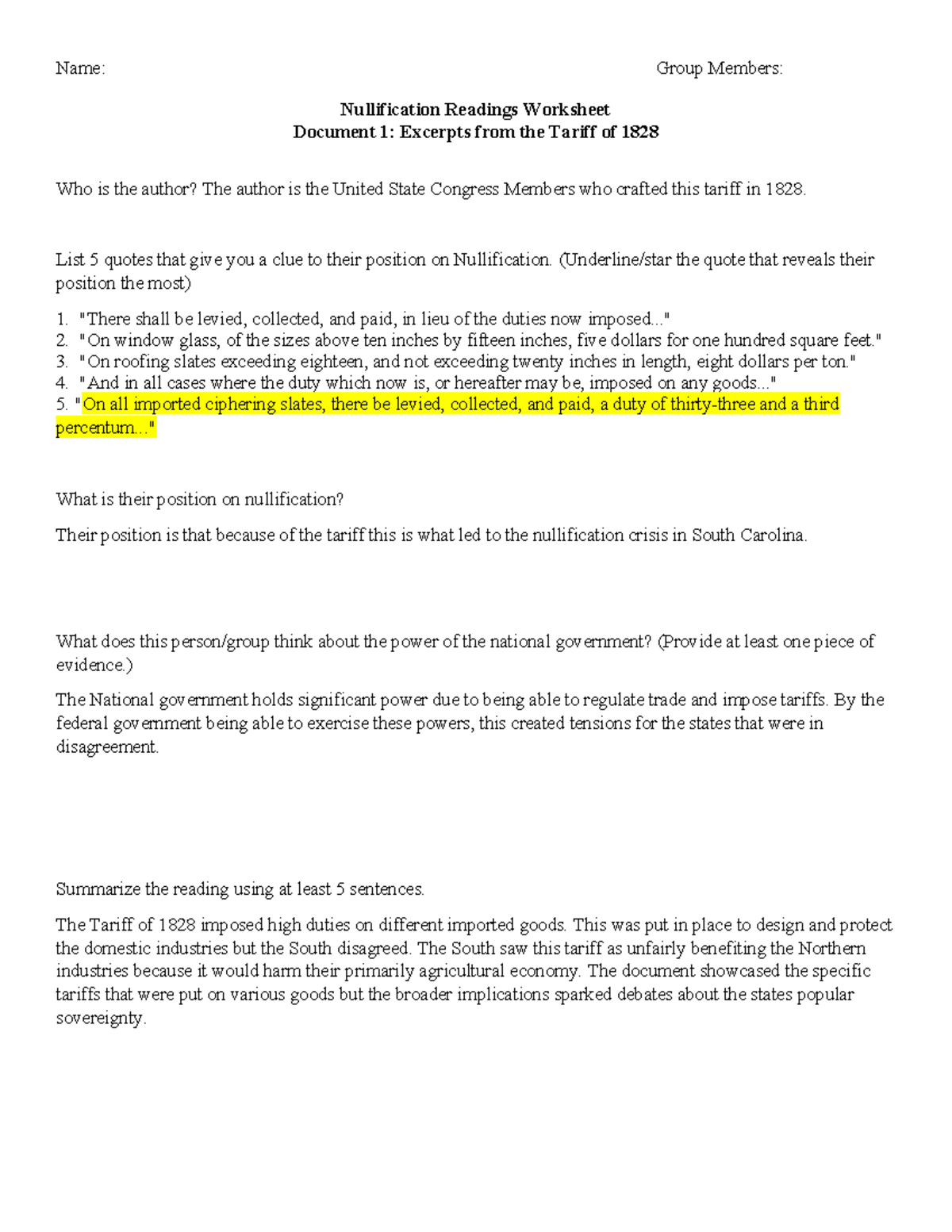 Nullification Readings Worksheet Analyzing Positions On State Vs Federal Powers Studocu