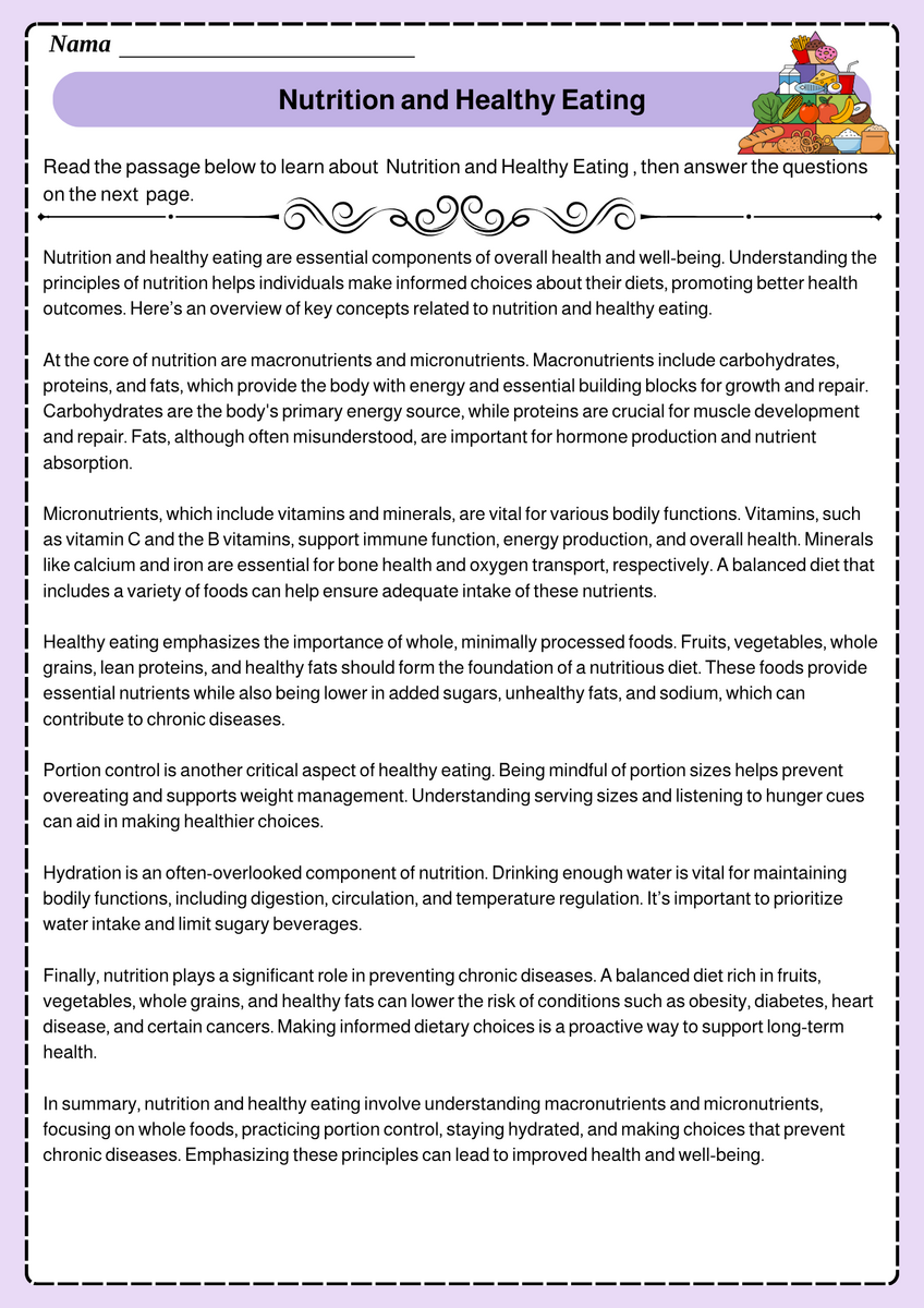 Nutrition And Healthy Eating Reading Comprehension Passages Questions Worksheets Teaching Resources