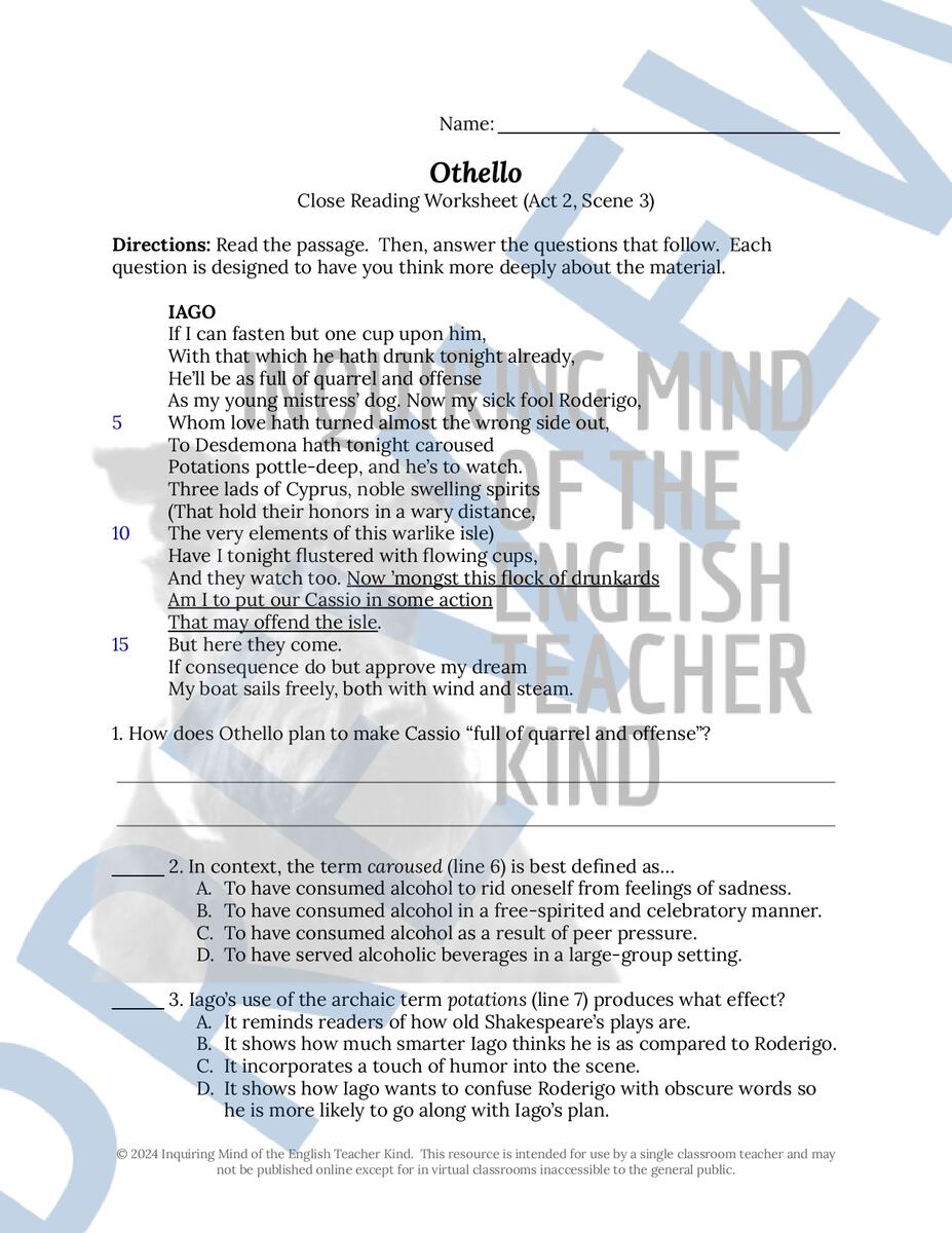 Othello Act 2 Scene 3 Close Reading Analysis Worksheet And Answer Key Classful Othello Act 2 Scene 3 Close Reading Analysis Worksheet And Answer Key Classful
