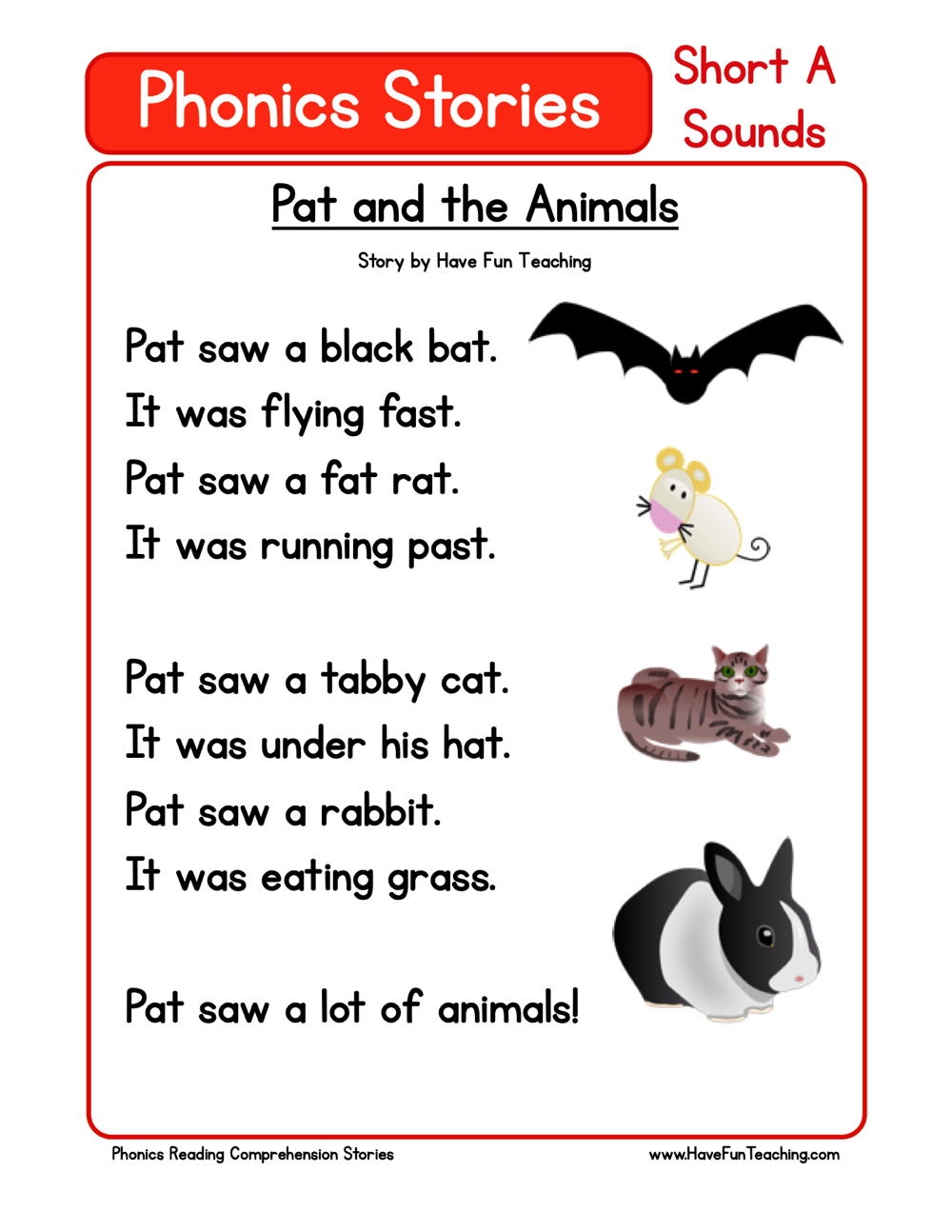 Pat And The Animals Phonics Reading Comprehension Story Worksheet Short Vowel A Sound Have Fun Teaching Reading Comprehension Sea Animals Sample Teaching Resources
