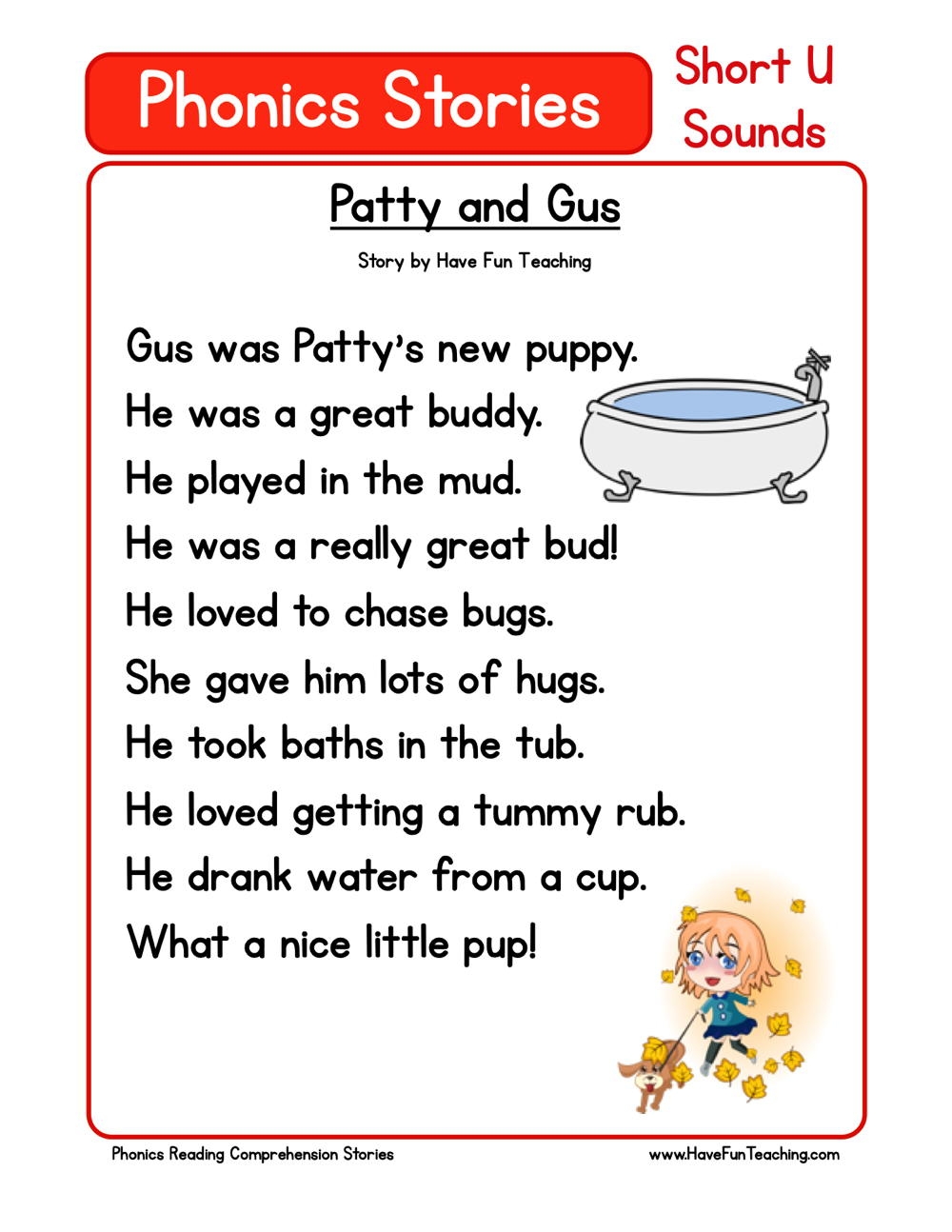 Patty And Gus Phonics Reading Comprehension Story Worksheet Short Vowel U Sound Have Fun Teaching