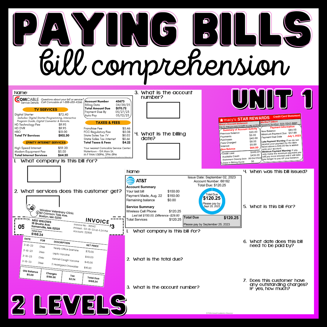 Paying Bills Bill Comprehension Unit 1 Life Skills Classful