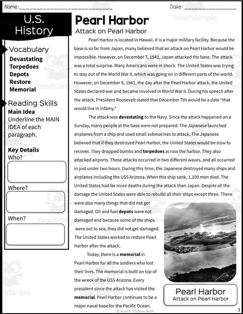 Pearl Harbor Reading Packet By Teach Simple