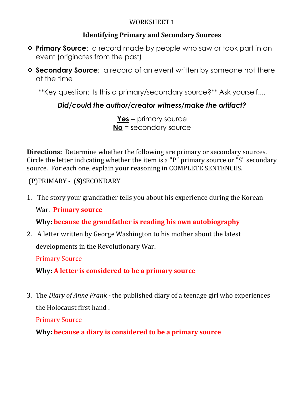 Primary Secondary Sources Worksheet Primary Secondary Sources Worksheet