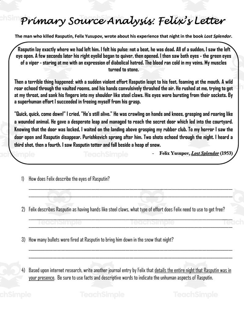 Primary Source Analysis Rasputin And Felix Comprehension Questions By Teach Simple Primary Secondary Sources Worksheet