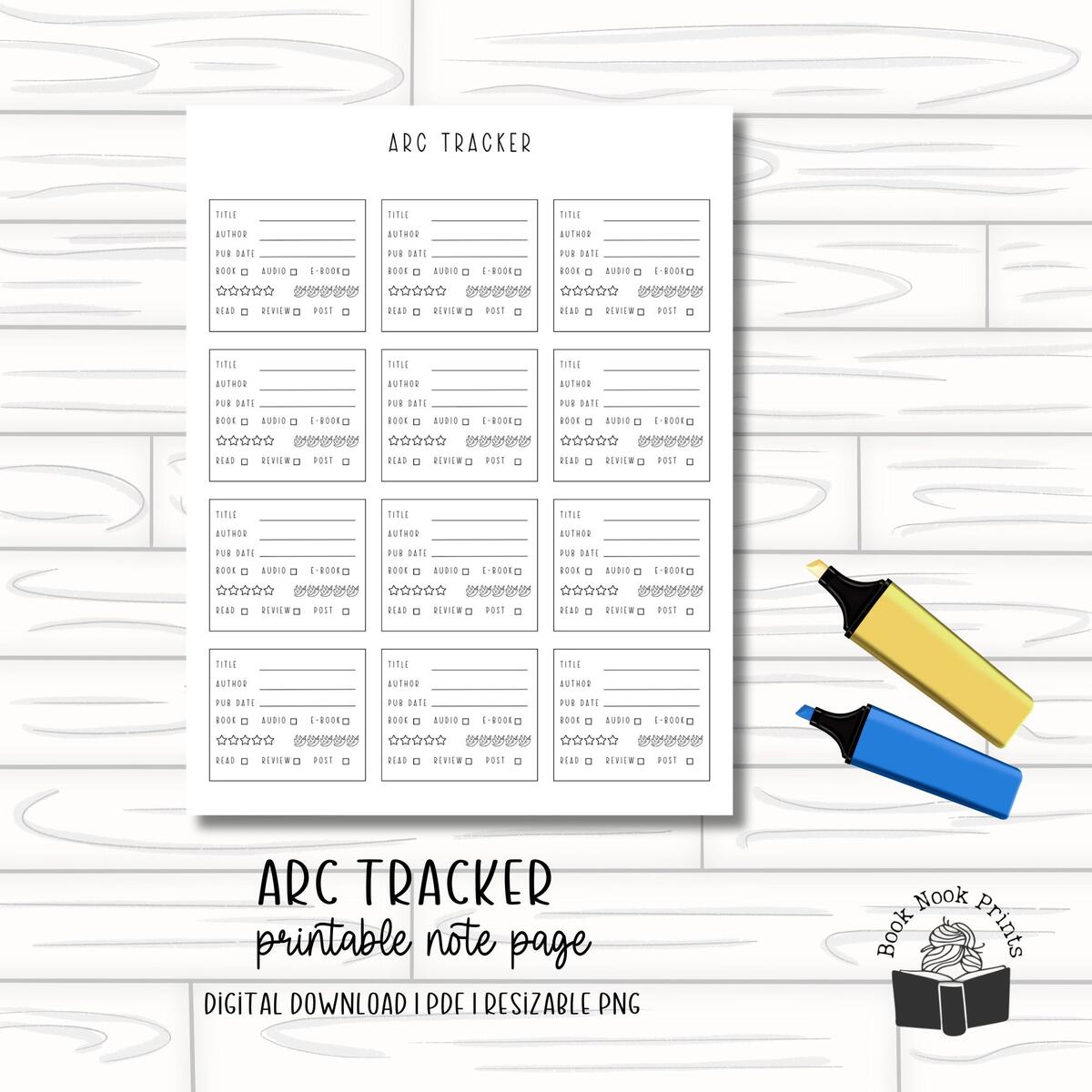 Printable ARC Tracker Reading Journal Book Tracker Digital Download PDF PNG Etsy