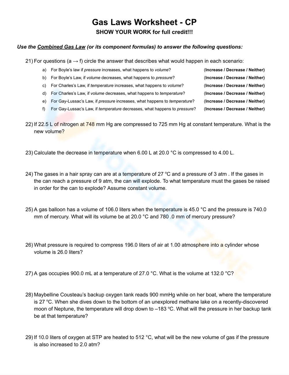 Printable Grade 9 Gas Law Worksheets Download