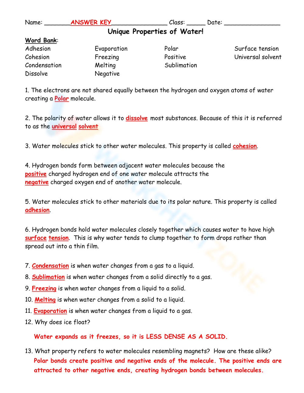 Printable Grade 9 Properties Of Water Worksheets