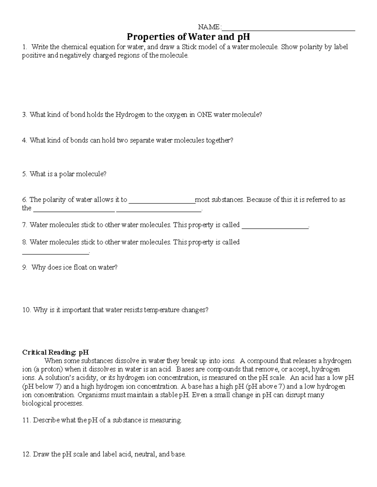 Properties Of Water And PH Worksheet Final Exam Studocu