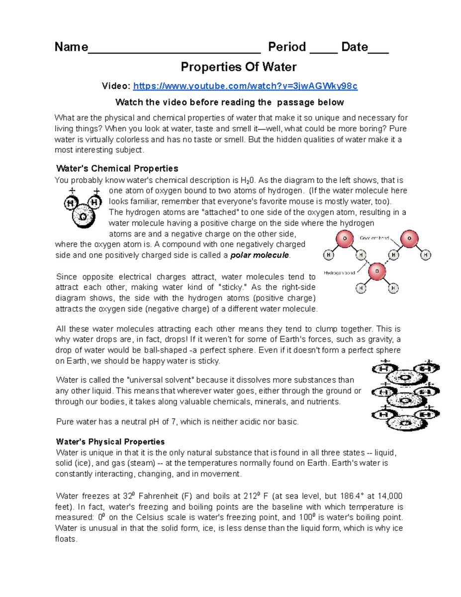 Properties Of Water Reading Questions 11 22 For Science Class Studocu Properties Of Water Reading Questions 11 22 For Science Class Studocu