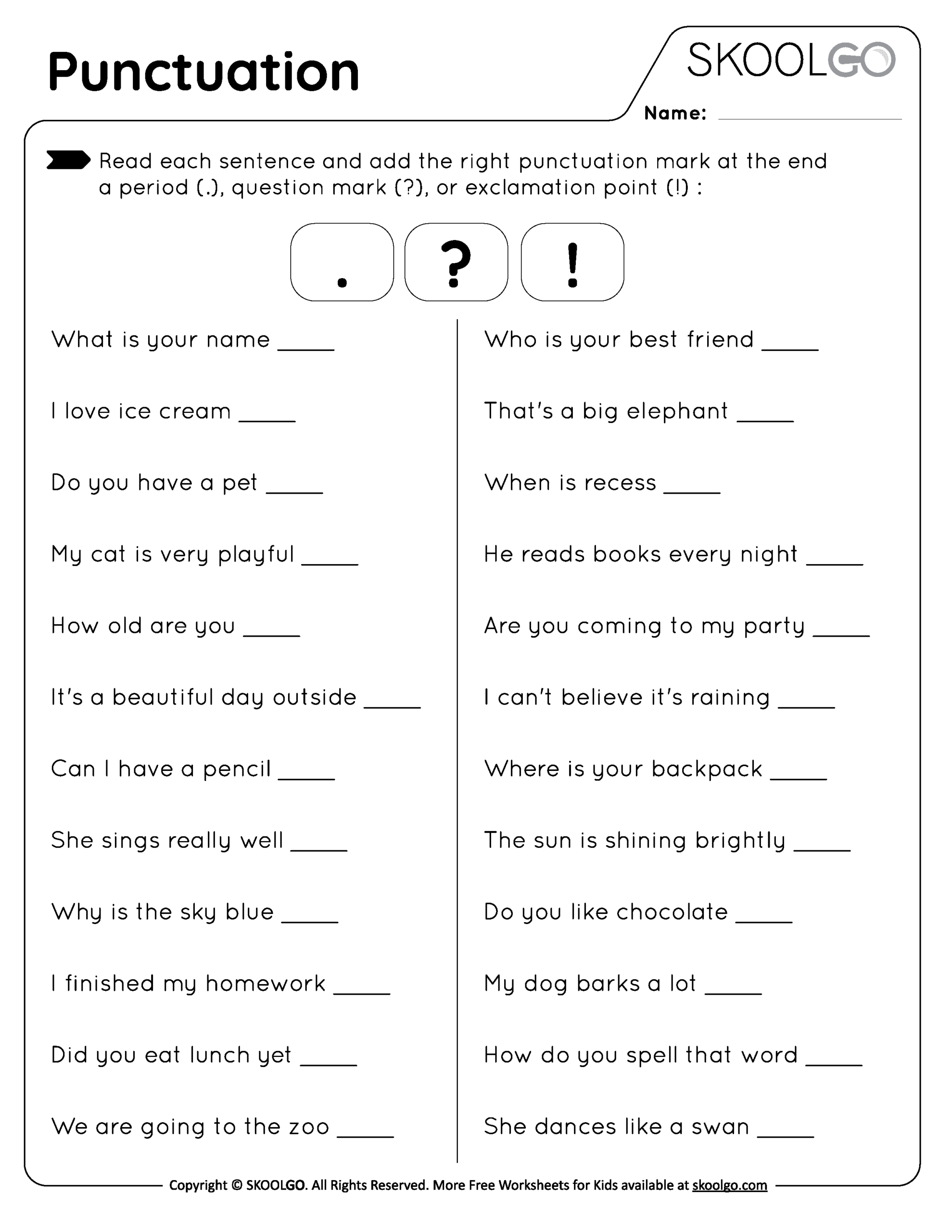 Punctuation Practice Free Worksheet For Kids SKOOLGO Punctuation Practice Free Worksheet For Kids SKOOLGO