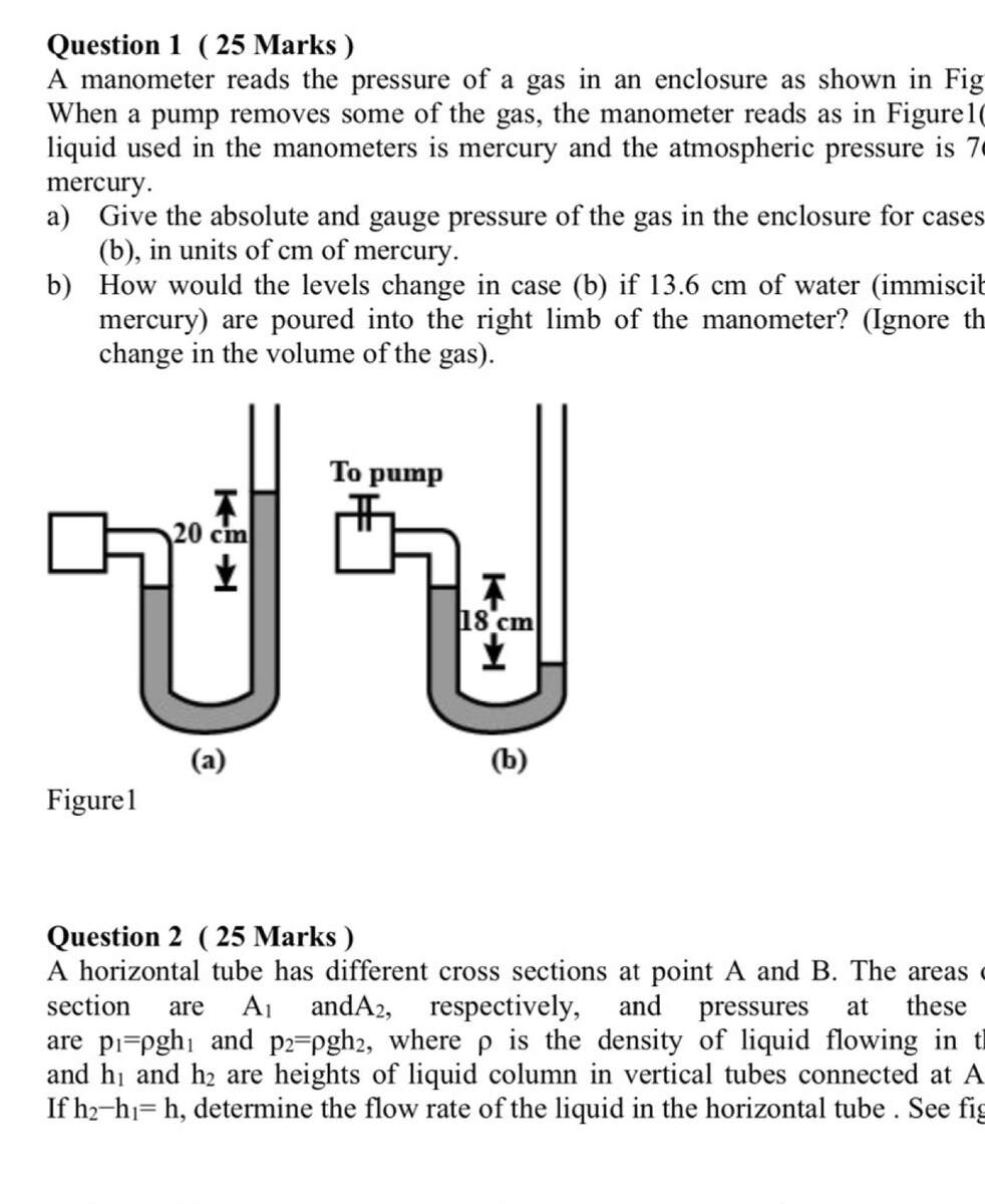 Question 1 25 Marks A Manometer Reads The Pressure Of A Gas In An Enclo Question 1 25 Marks A Manometer Reads The Pressure Of A Gas In An Enclo