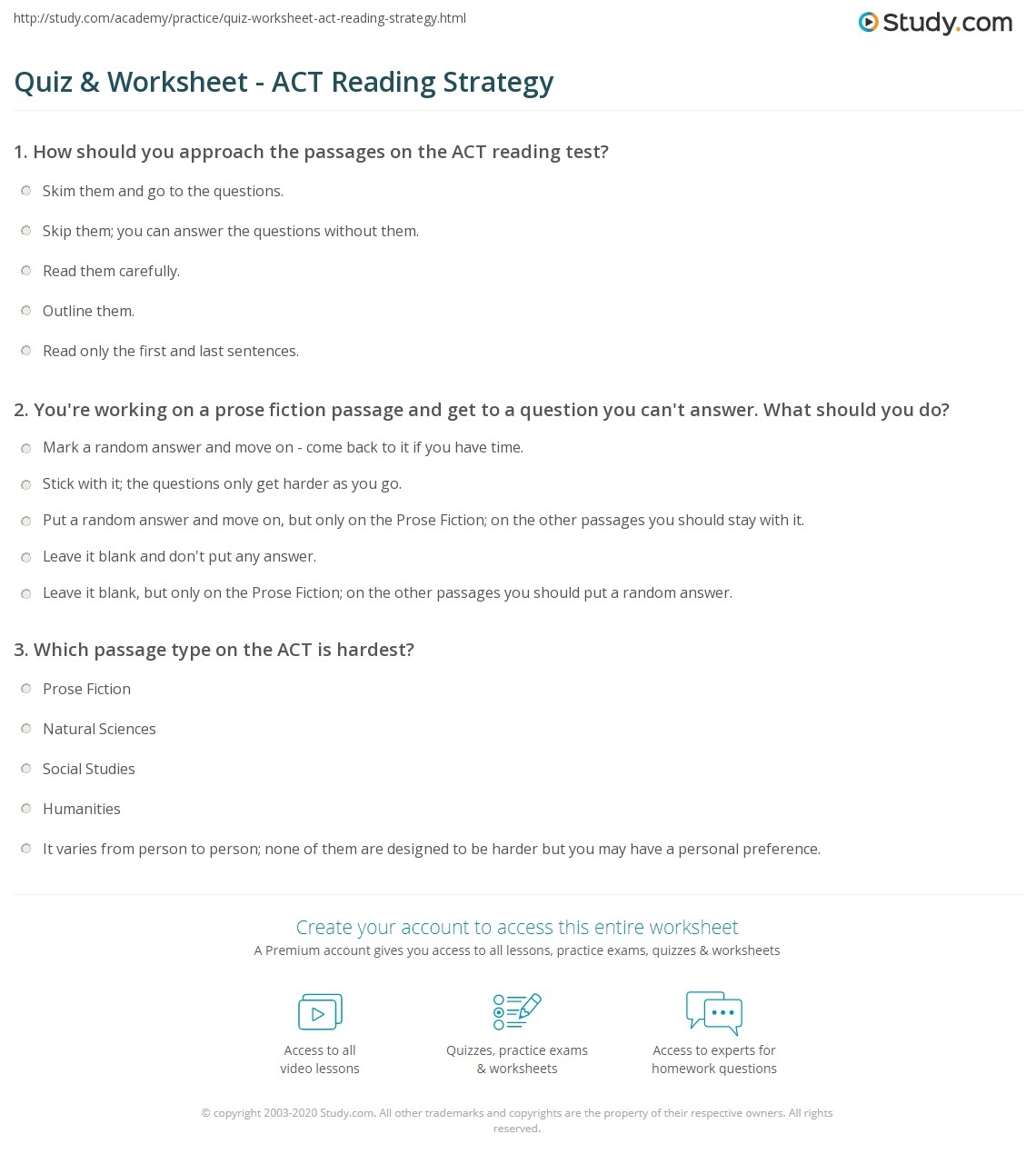 Quiz Worksheet ACT Reading Strategy Study Quiz Worksheet ACT Reading Strategy Study