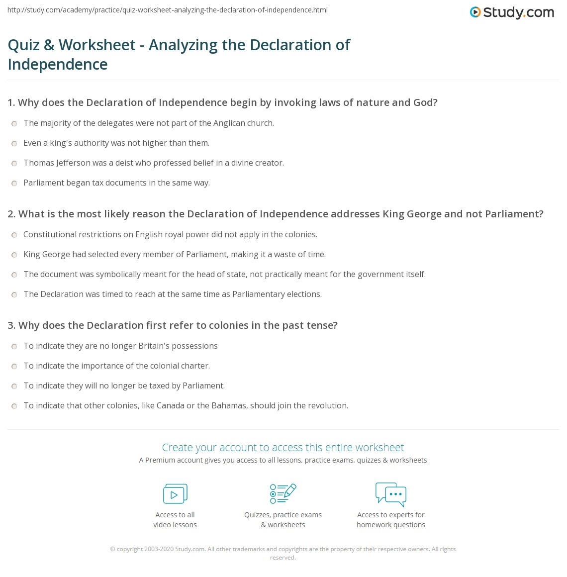Quiz Worksheet Analyzing The Declaration Of Independence Study