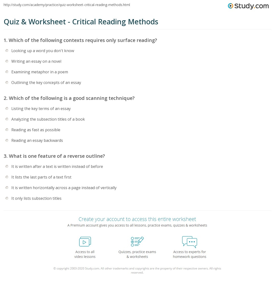 Quiz Worksheet Critical Reading Methods Study Quiz Worksheet Critical Reading Methods Study